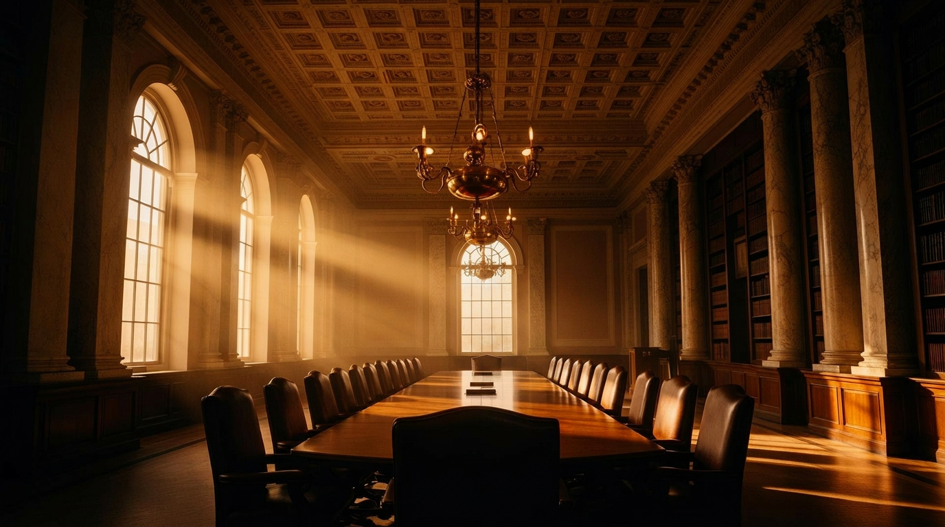 Grand classical hall with executives in conversation at golden hour